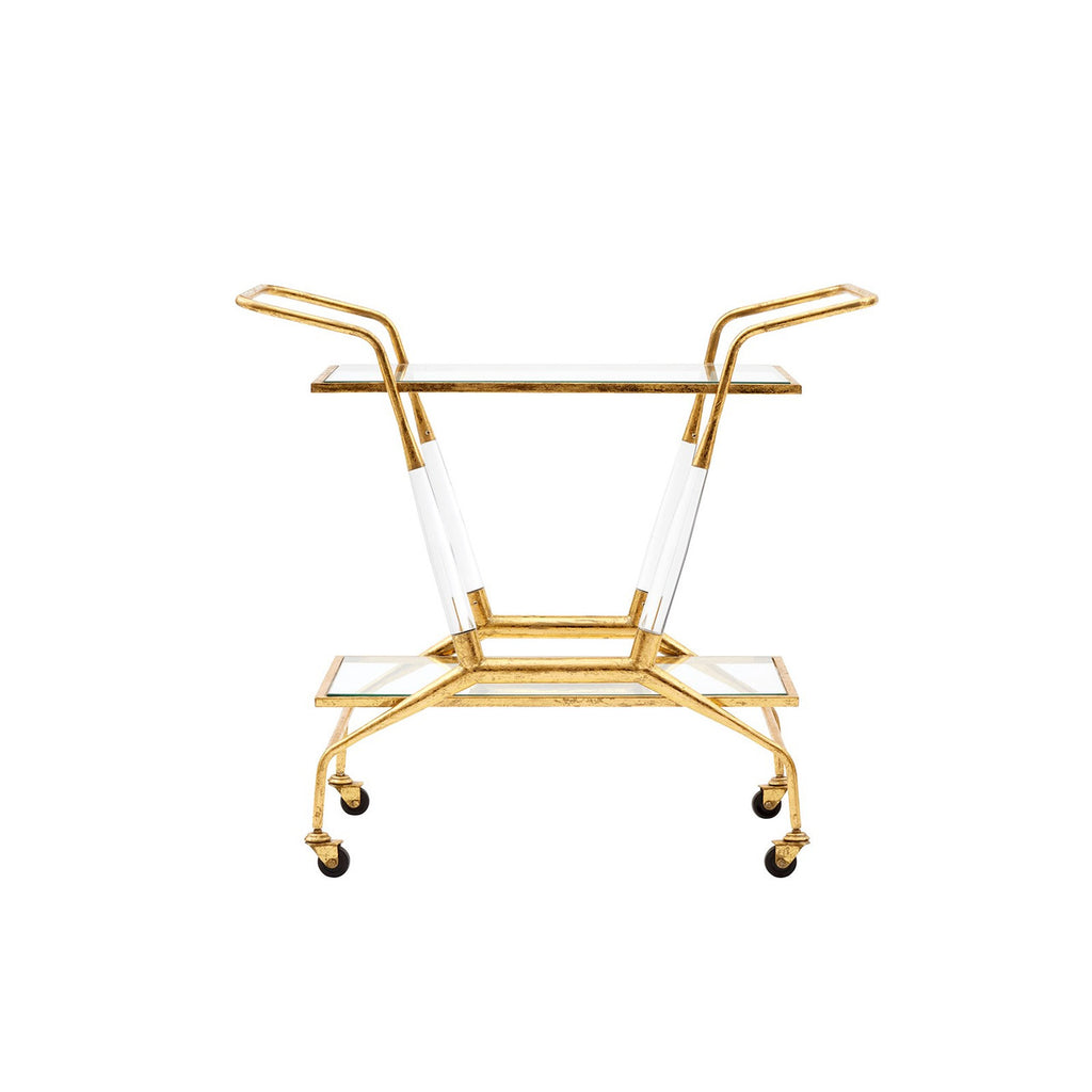 Gold bar cart with clear glass shelves on a white background