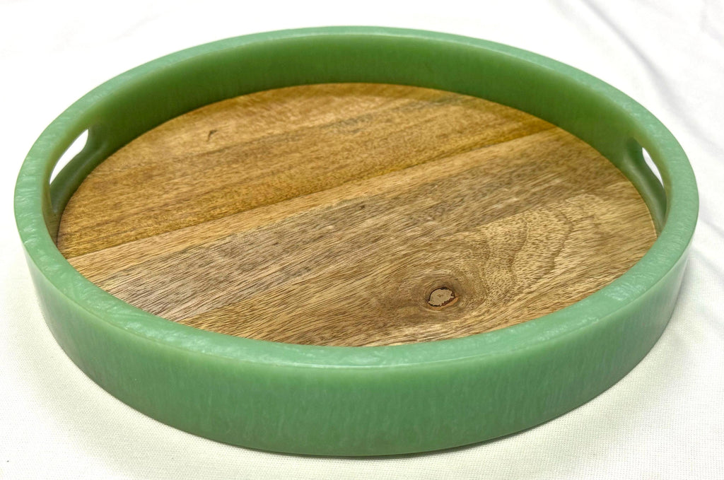 Private Label Round Serving Tray Green Color & Wood Base