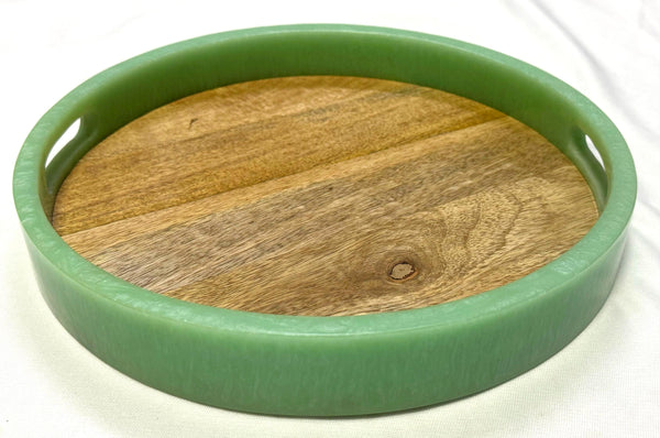 Private Label Round Serving Tray Green Color & Wood Base