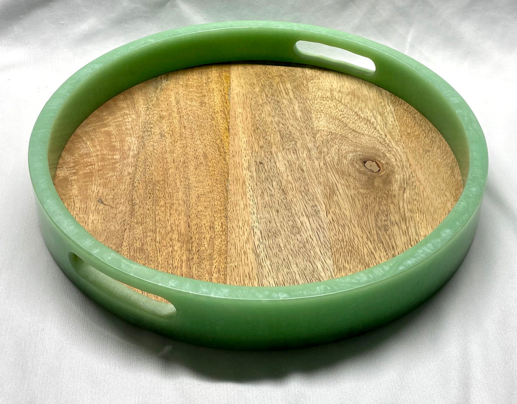 Private Label Round Serving Tray Green Color & Wood Base