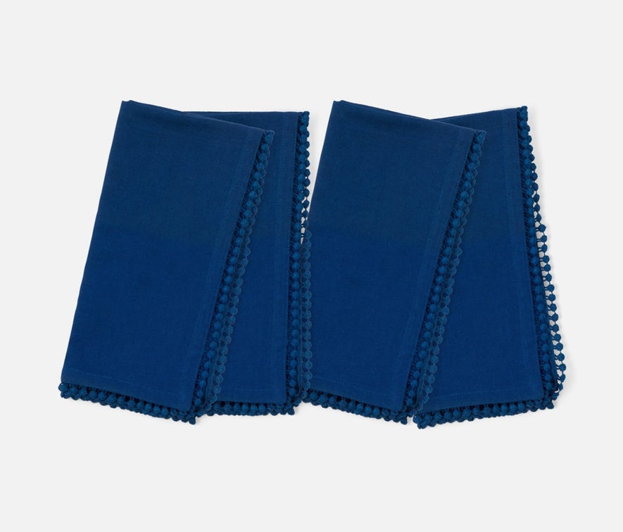 Blue Pheasant MARGOT, Classic Blue Napkin w/ Pom Pom Border, 22x22, Pack/4.