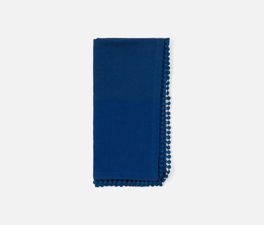 Blue Pheasant MARGOT, Classic Blue Napkin w/ Pom Pom Border, 22x22, Pack/4.