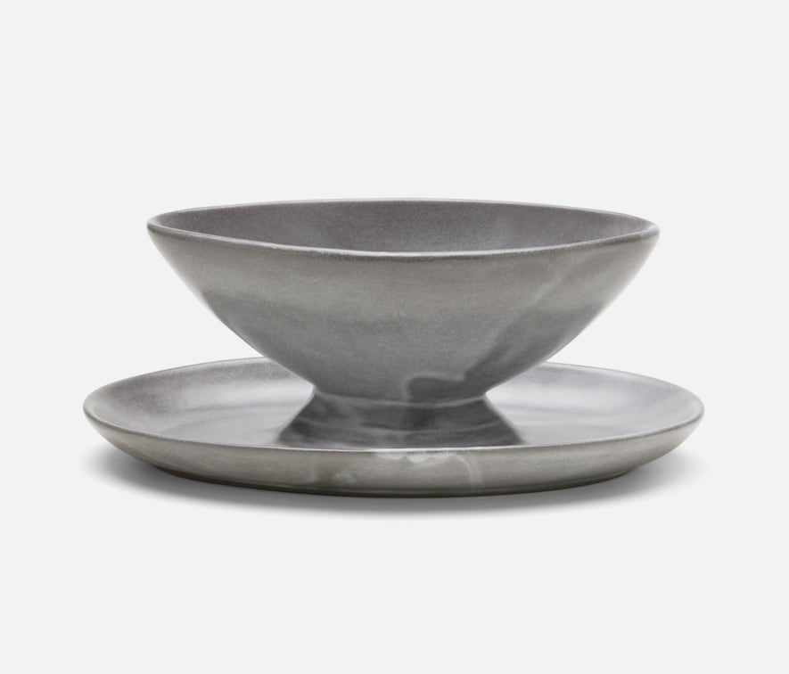 Blue Pheasant Gravy Dish with Plate - Cement Glaze
