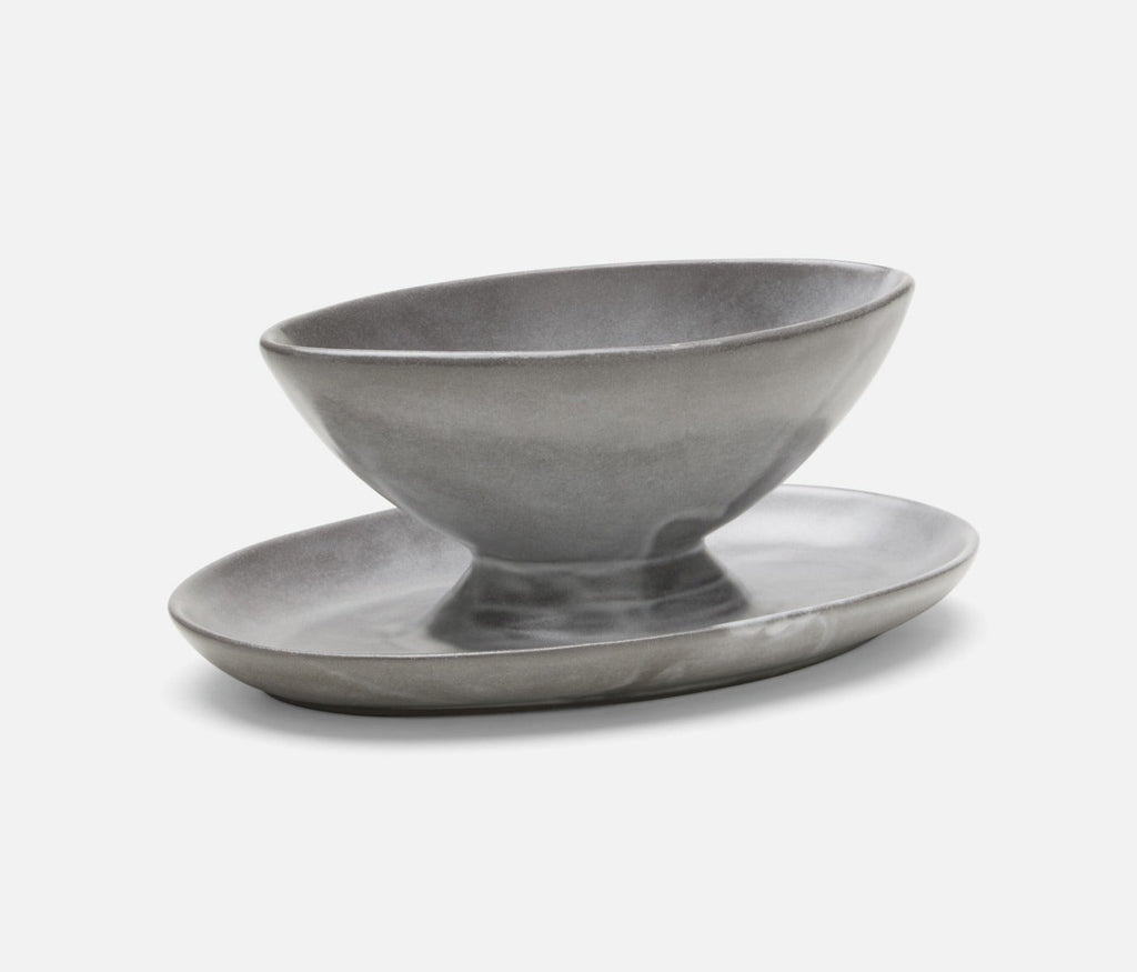 Blue Pheasant Gravy Dish with Plate - Cement Glaze
