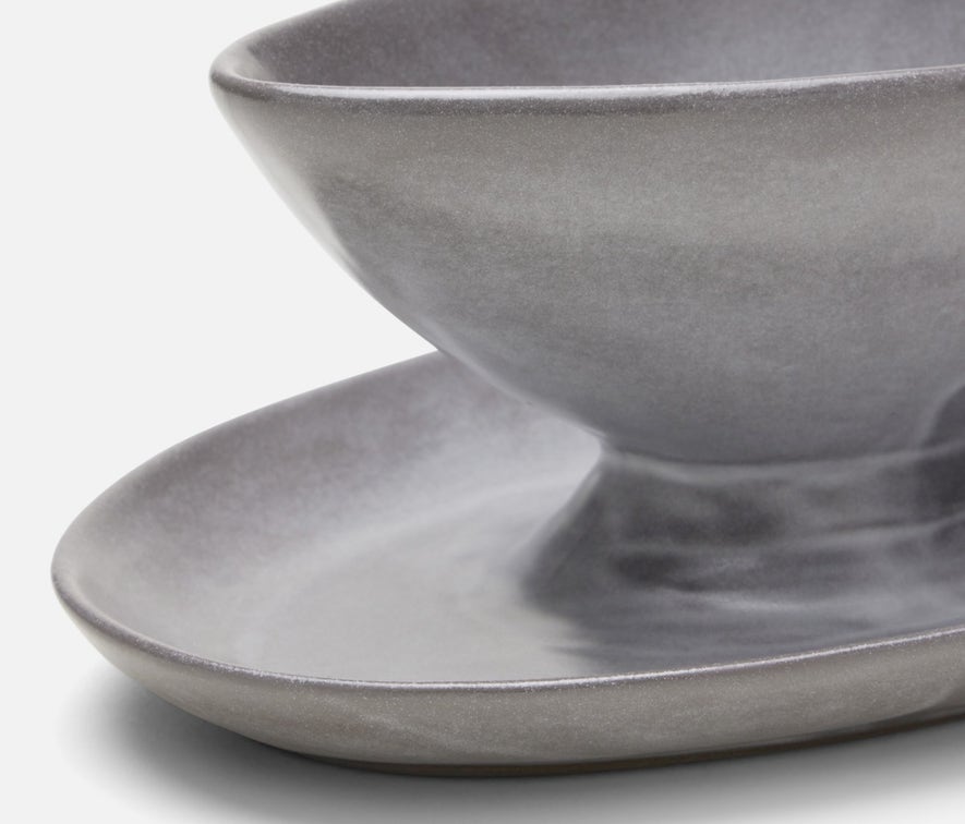 Blue Pheasant Gravy Dish with Plate - Cement Glaze