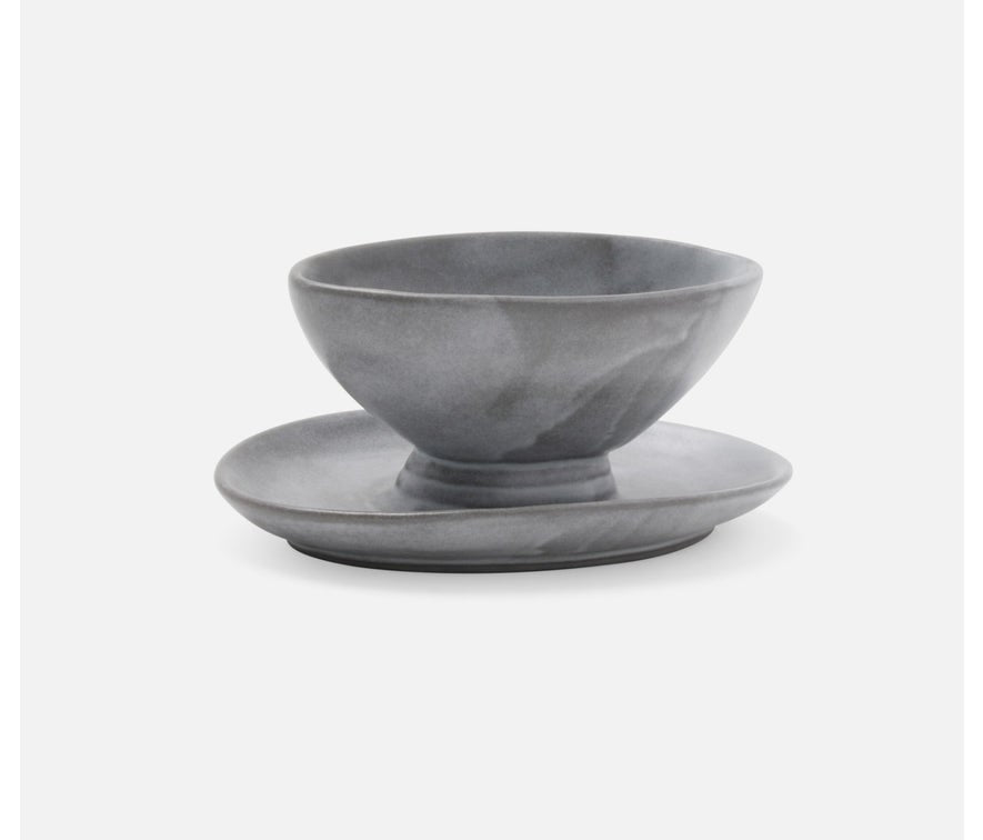 Blue Pheasant Gravy Dish with Plate - Cement Glaze