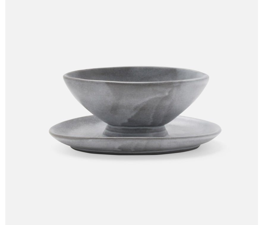 Blue Pheasant Gravy Dish with Plate - Cement Glaze