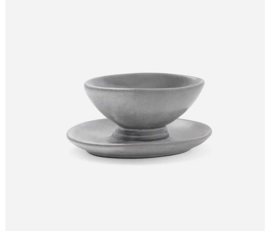 Blue Pheasant Gravy Dish with Plate - Cement Glaze