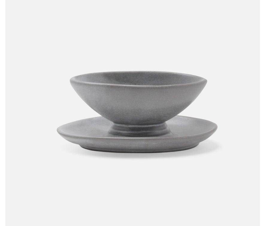 Blue Pheasant Gravy Dish with Plate - Cement Glaze